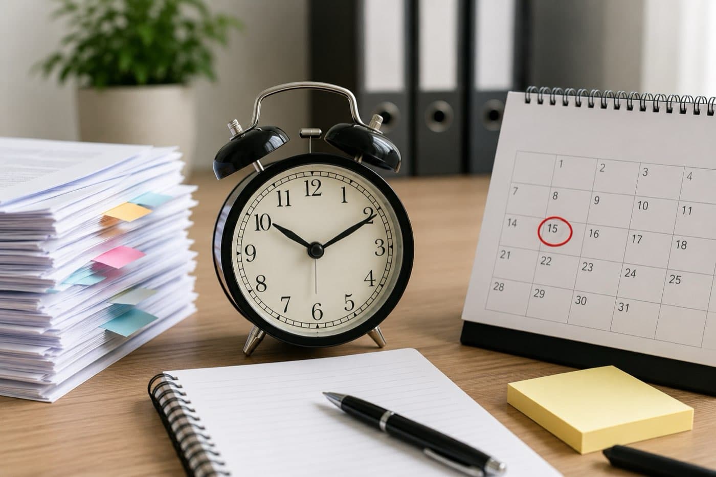 Wecker und Kalender mit rot markiertem Termin auf einem Schreibtisch